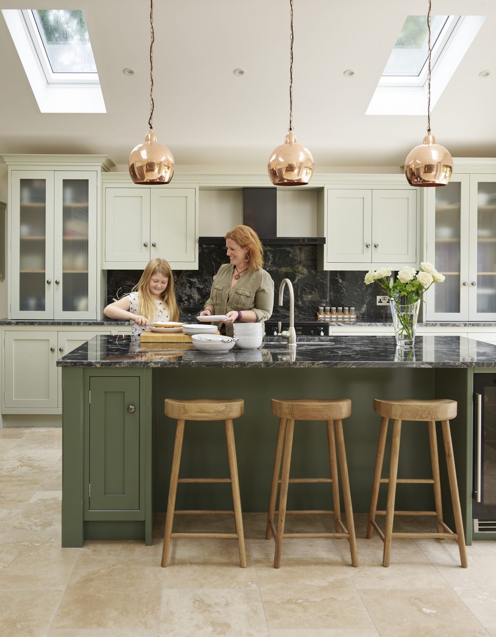 green color modern kitchen with two person