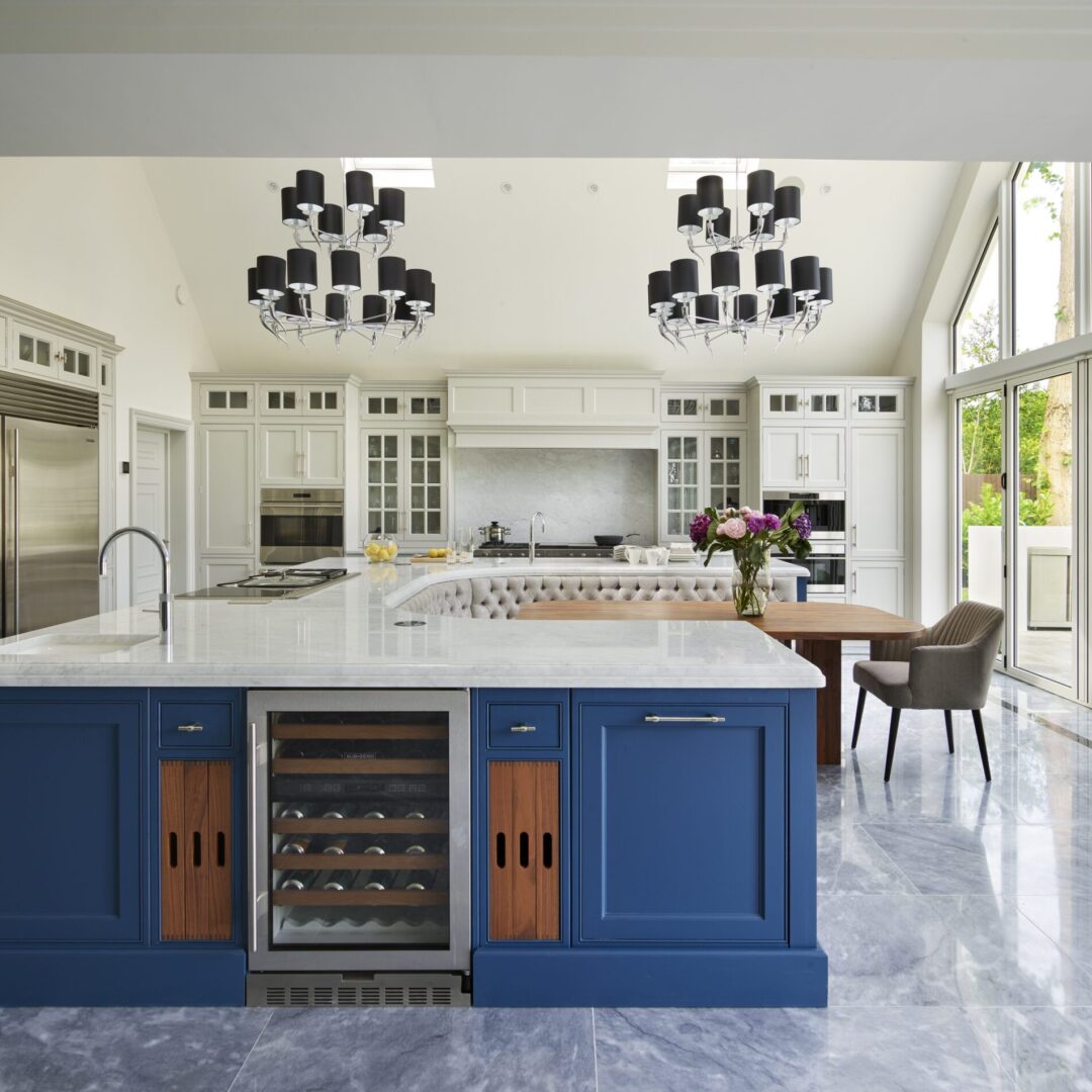 Luxurious new build kitchen with blue island