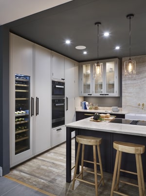 slim shaker kitchen cabinets and wine fridge